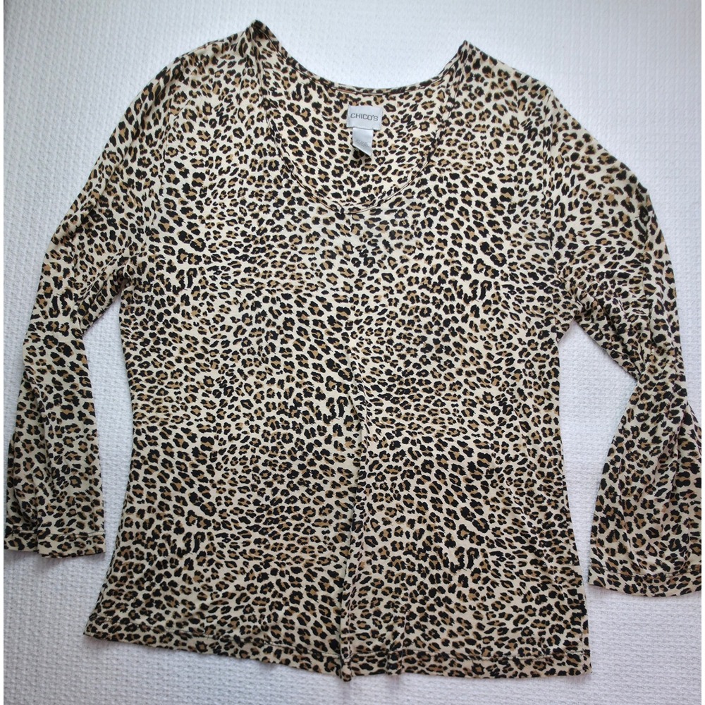 Chico's Leopard Print Top Women Size 1 Brown Rayon Spandex Stretch V-Neck EUC